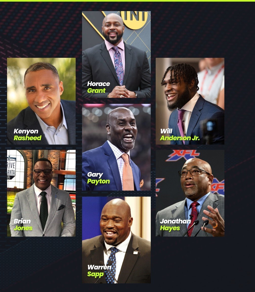 EDGE3 founders group photo featuring Kenyon Rasheed, Brian Jones, Gary Payton, Will Anderson Jr., Horace Grant, Warren Sapp, and Jonathan Hayes